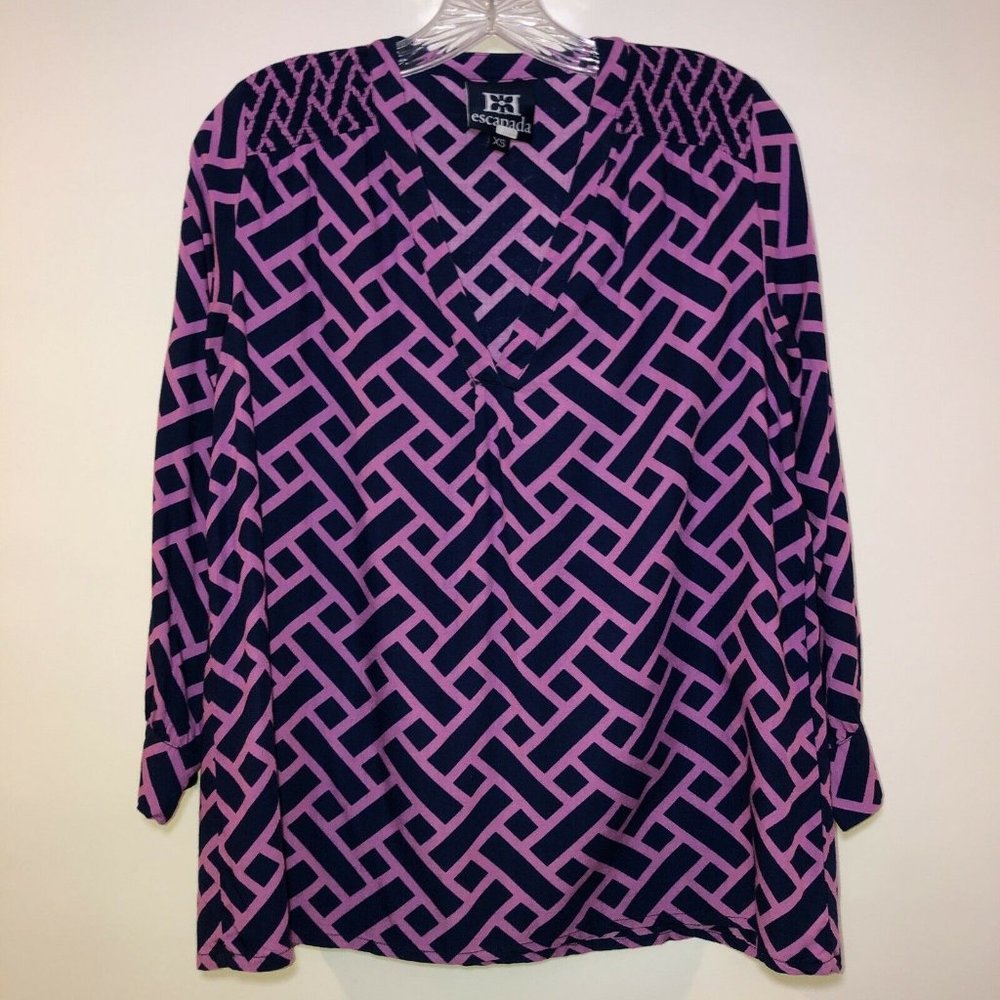 Escapada Women's XS Tunic Top Navy Purple Geometric 3/4 Sleeve